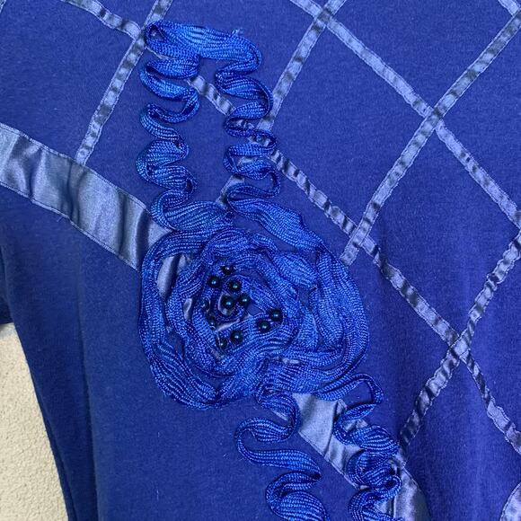 VTG 80s royal blue ribbon floral‎ applique dolman sleeve blouse SMALL - Picture 4 of 6